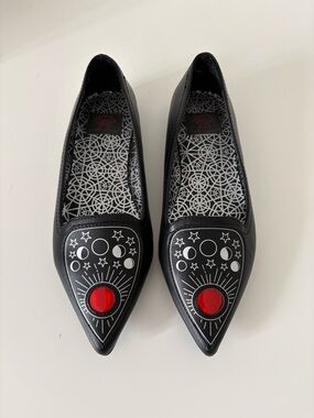 Women's Black Pointed Flats with Red Accent- Strange Cvlt Moon Phase Loafers